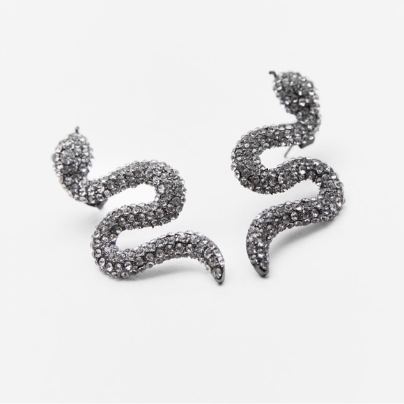 NEW ZARA SNAKE EARRINGS SILVER METAL RHINESTONE CRYSTAL SPARKLE GLITTER Party - Picture 4 of 6